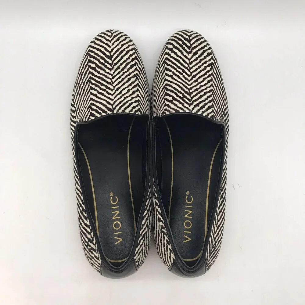 Vionic Willa Calf Hair Leather Zebra Flats Women's 6.5 Slip On Black &White Shoe